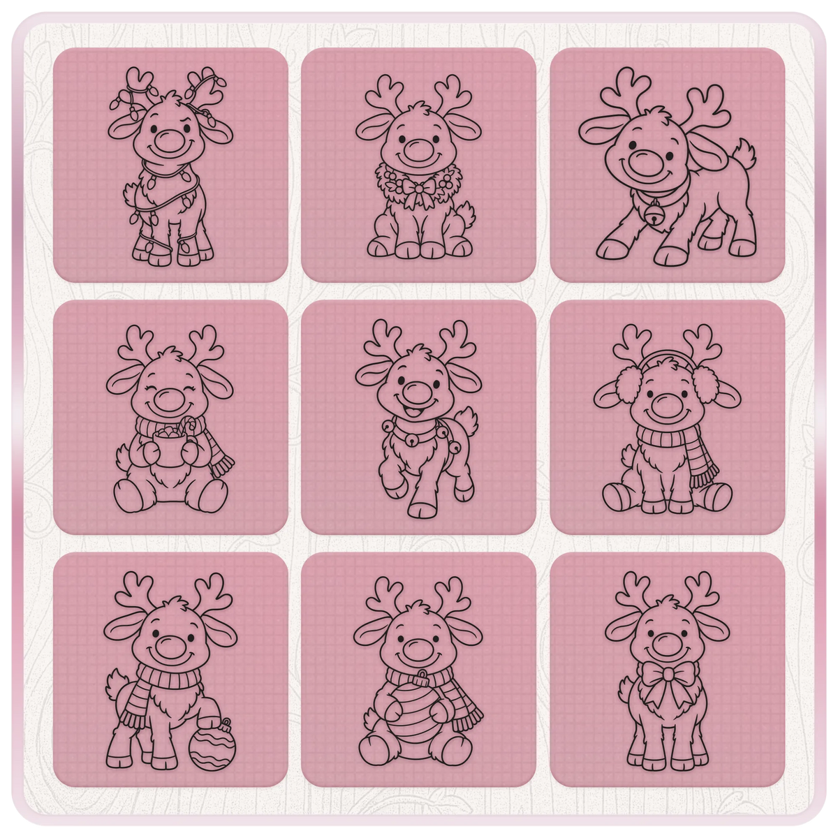 Nine festive Rudolph reindeer line art clipart designs featuring Christmas lights, wreath, hot chocolate, earmuffs, baubles and bows.