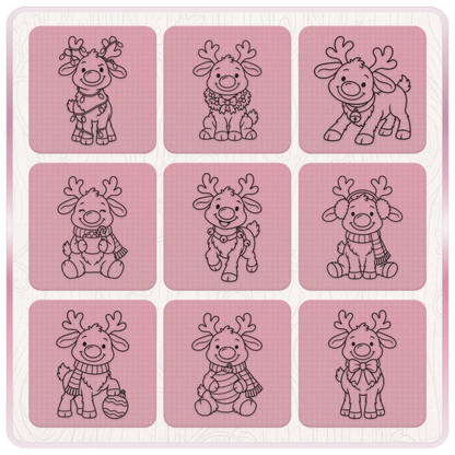 Nine festive Rudolph reindeer line art clipart designs featuring Christmas lights, wreath, hot chocolate, earmuffs, baubles and bows.
