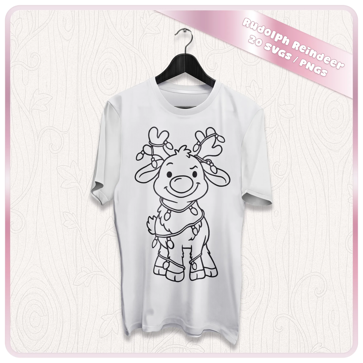 White Christmas T-shirt featuring a cute Rudolph reindeer SVG line art design with festive string lights, ideal for personalised clothing crafts.