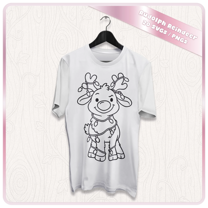 White Christmas T-shirt featuring a cute Rudolph reindeer SVG line art design with festive string lights, ideal for personalised clothing crafts.