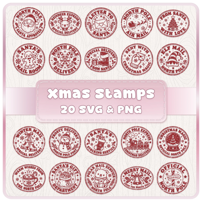 Christmas Stamps SVG and PNG bundle featuring 20 vintage North Pole postmark designs with Santa, reindeer, snowmen and festive mail illustrations.
