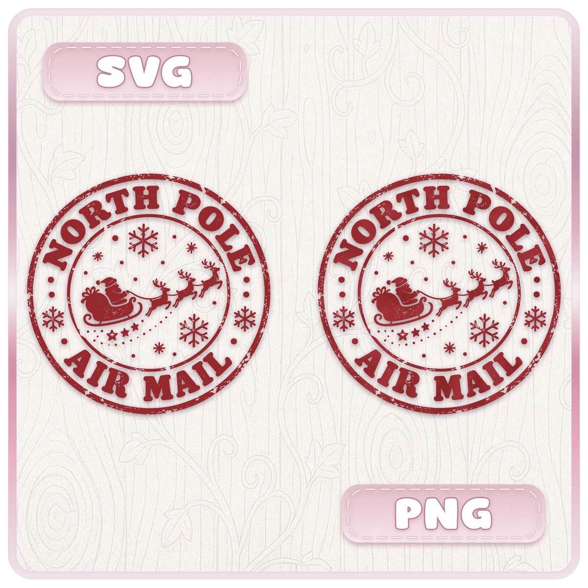 Vintage North Pole Air Mail Christmas stamp design showing Santa's sleigh and flying reindeer in SVG and PNG digital download formats.