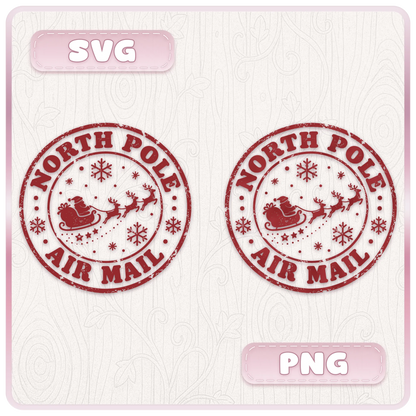 Vintage North Pole Air Mail Christmas stamp design showing Santa's sleigh and flying reindeer in SVG and PNG digital download formats.