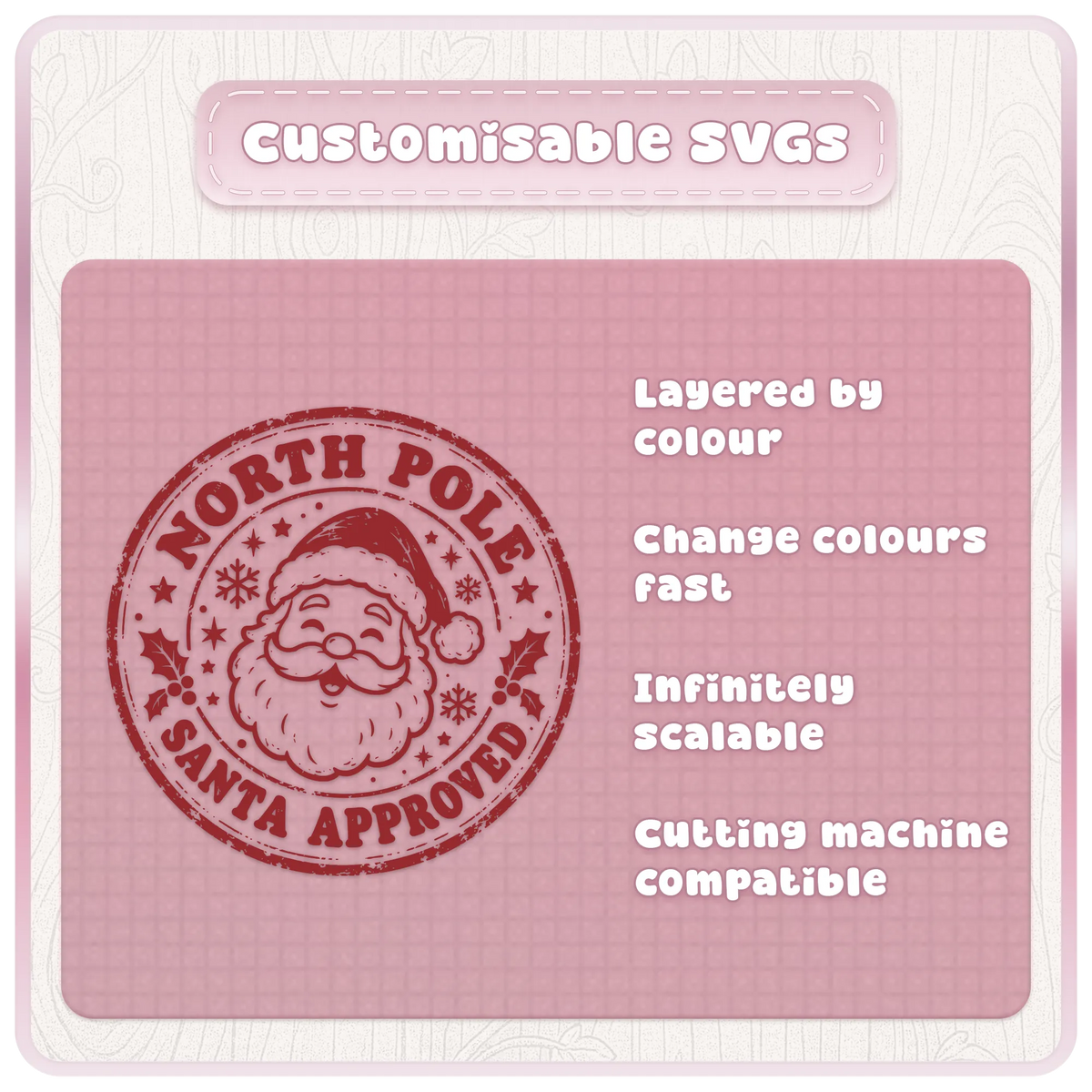 Customisable Christmas stamp SVG featuring Santa Approved North Pole postmark with layered colours, scalable vector design and cutting machine compatibility.
