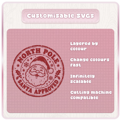 Customisable Christmas stamp SVG featuring Santa Approved North Pole postmark with layered colours, scalable vector design and cutting machine compatibility.