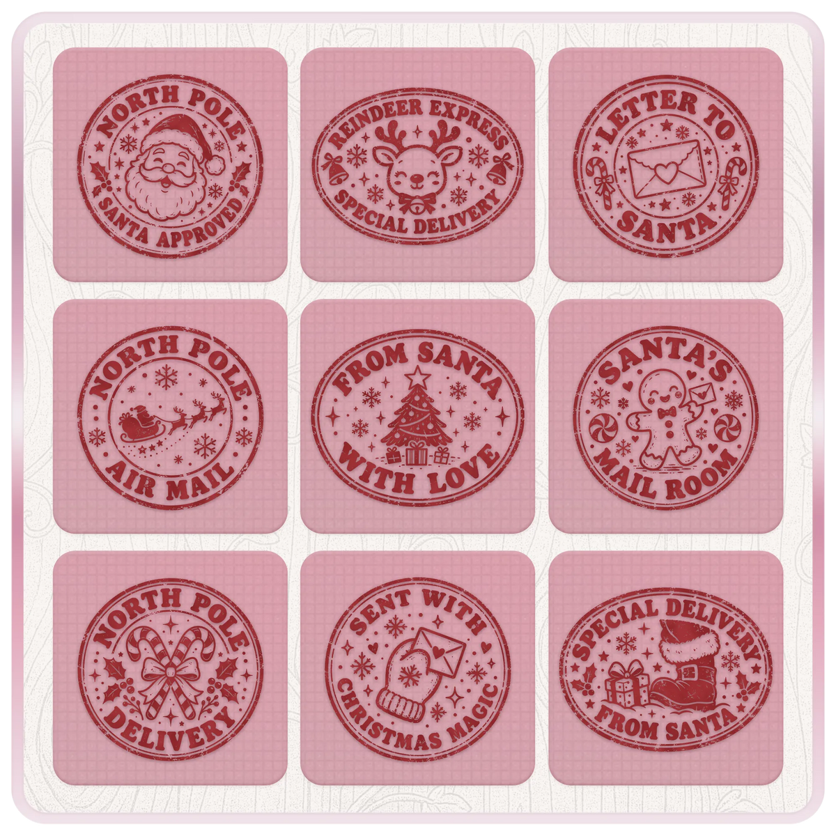 Nine vintage Christmas stamp SVG and PNG designs featuring Santa, reindeer, gingerbread, Christmas trees, candy canes and festive North Pole mail.