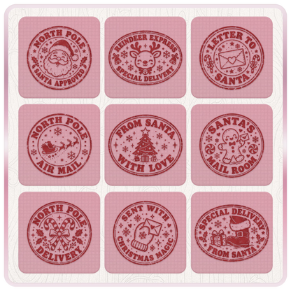 Nine vintage Christmas stamp SVG and PNG designs featuring Santa, reindeer, gingerbread, Christmas trees, candy canes and festive North Pole mail.