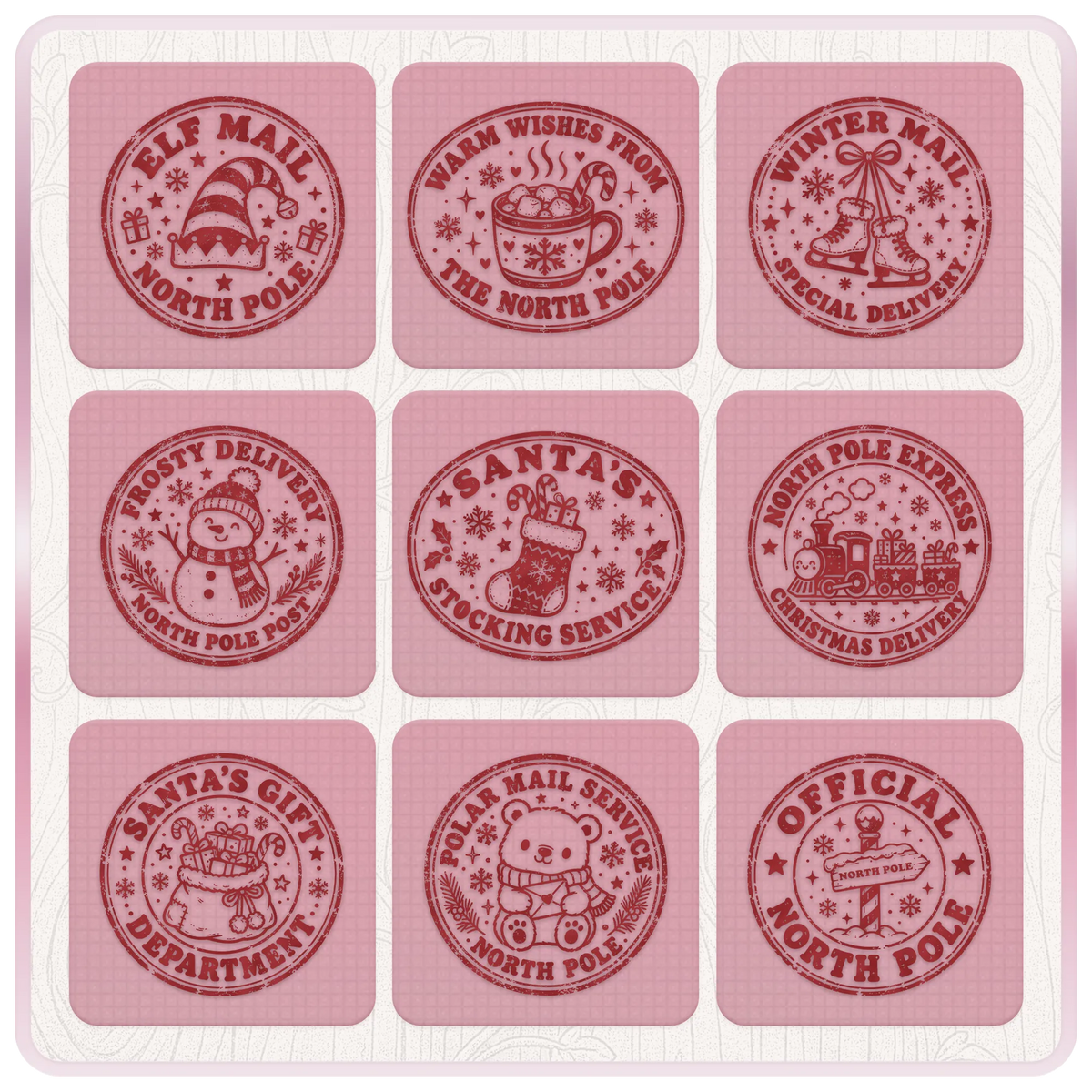 Vintage Christmas postmark clipart designs featuring elf hats, snowmen, Christmas stockings, polar bears, festive trains and North Pole delivery stamps.
