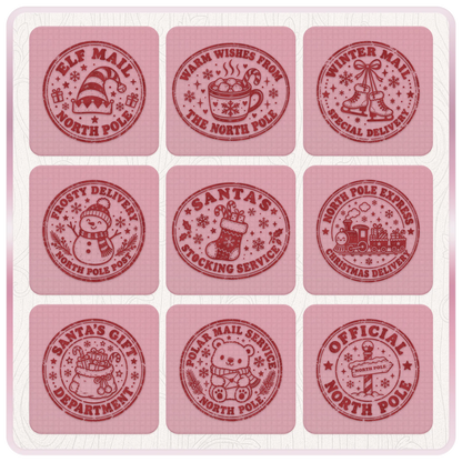Vintage Christmas postmark clipart designs featuring elf hats, snowmen, Christmas stockings, polar bears, festive trains and North Pole delivery stamps.