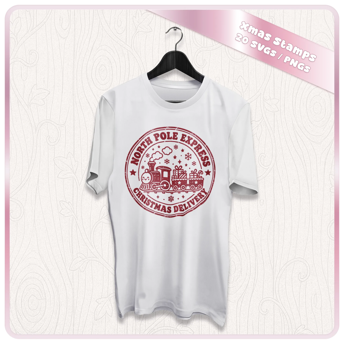 White Christmas T-shirt mockup featuring a vintage North Pole Express train stamp design from the Christmas SVG and PNG clipart bundle.