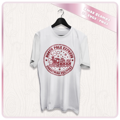 White Christmas T-shirt mockup featuring a vintage North Pole Express train stamp design from the Christmas SVG and PNG clipart bundle.