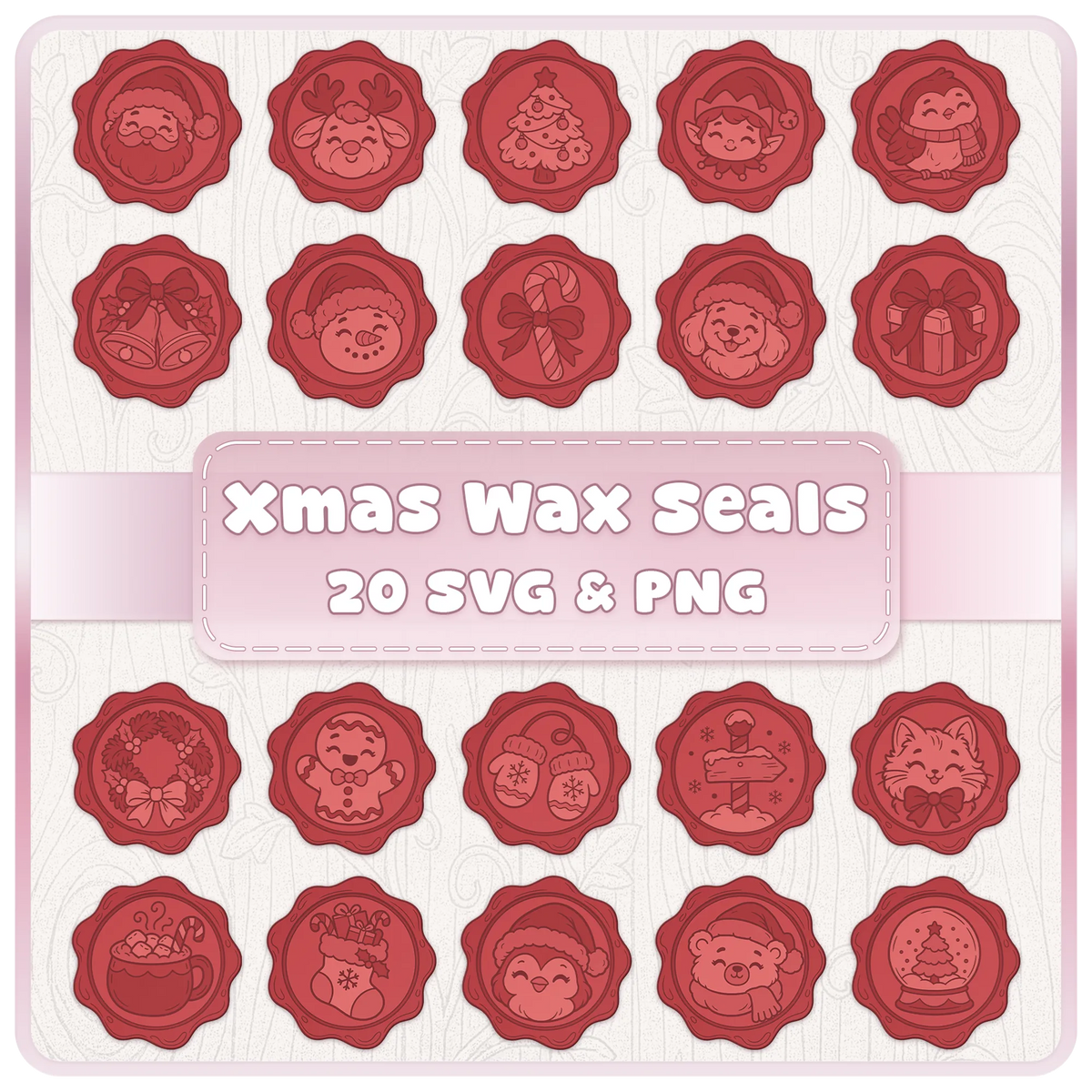 Christmas wax seals SVG and PNG bundle featuring 20 cute festive designs including Santa, reindeer, snowmen, gingerbread and Christmas clipart.