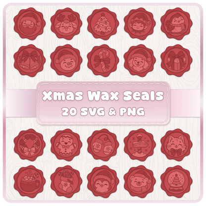 Christmas wax seals SVG and PNG bundle featuring 20 cute festive designs including Santa, reindeer, snowmen, gingerbread and Christmas clipart.