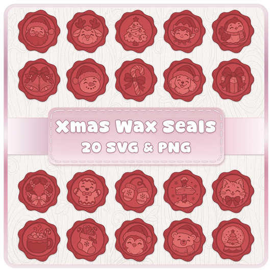 Christmas wax seals SVG and PNG bundle featuring 20 cute festive designs including Santa, reindeer, snowmen, gingerbread and Christmas clipart.