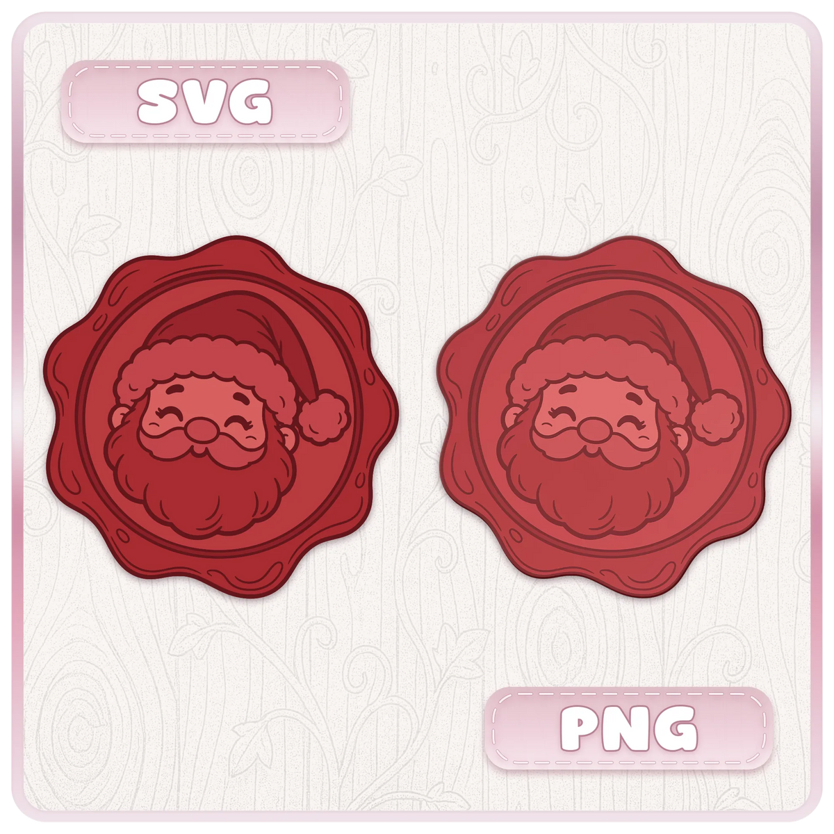 Christmas Santa wax seal design comparison showing editable SVG vector artwork and PNG clipart formats for festive craft projects.