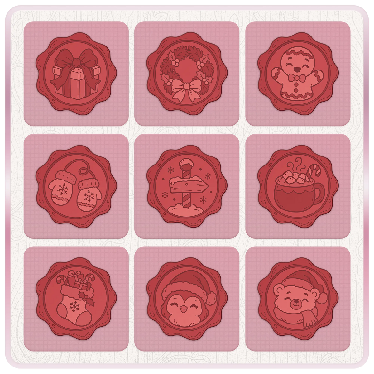 Christmas wax seal SVG and PNG clipart featuring festive gift, wreath, gingerbread man, mittens, North Pole sign, hot chocolate, stocking, penguin and bear.