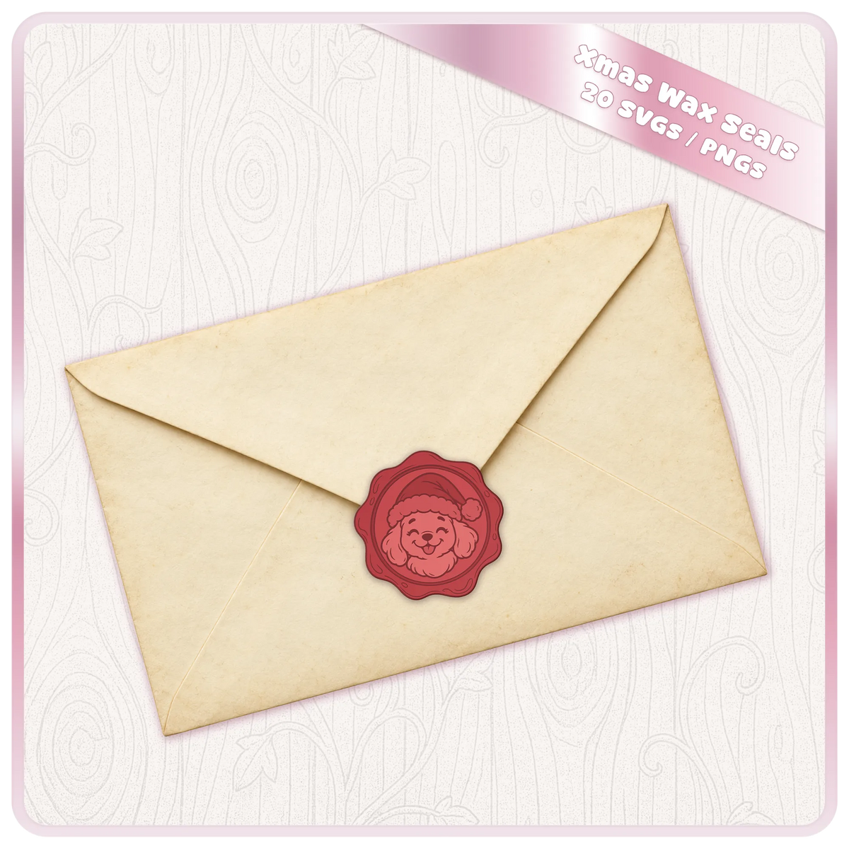 Christmas envelope decorated with a cute festive dog wax seal PNG, showing how Christmas clipart can be used for holiday stationery and gift packaging.