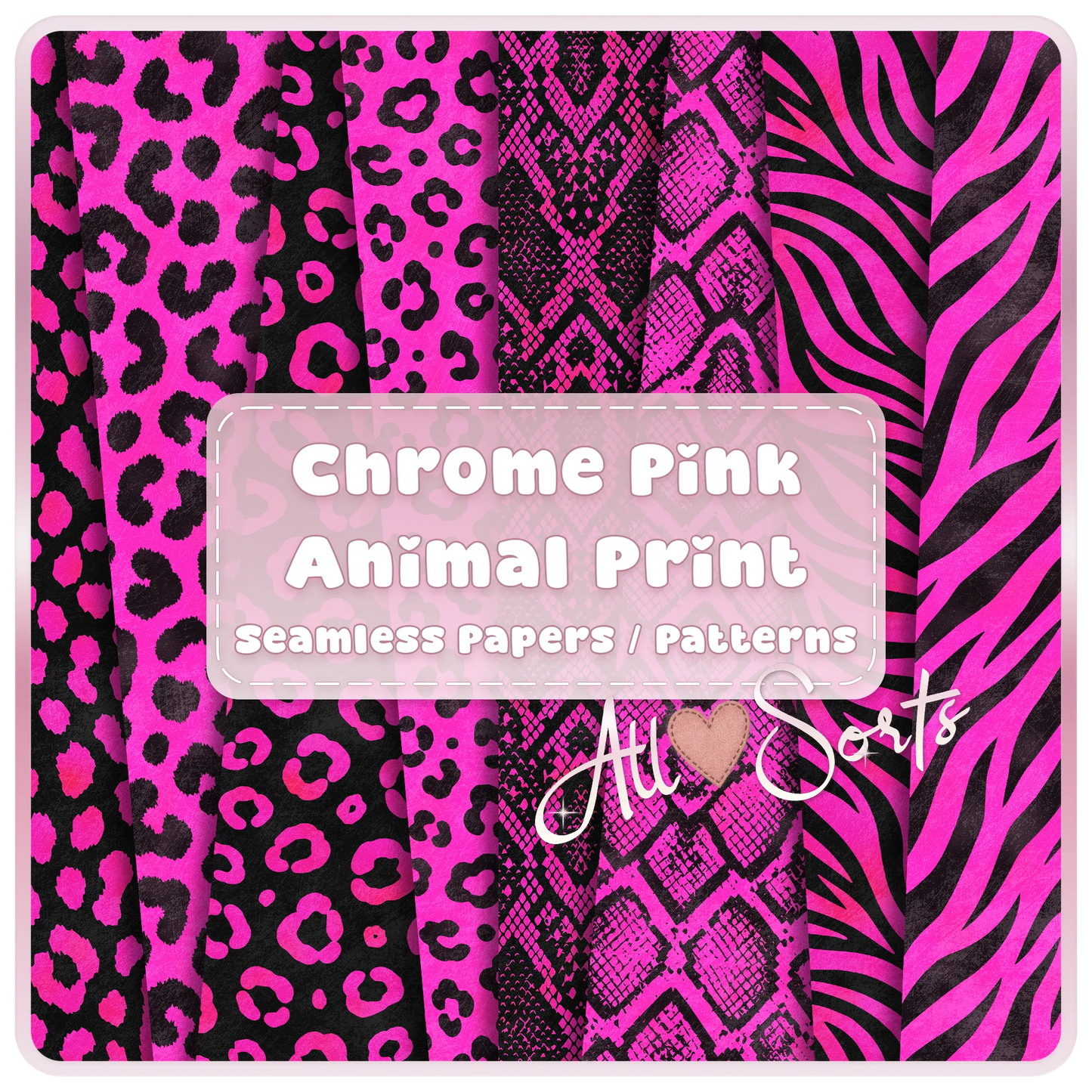 Chrome pink animal print seamless digital paper pack preview with hot pink and black leopard, snake, zebra, and safari patterns by All Sorts Crafts.