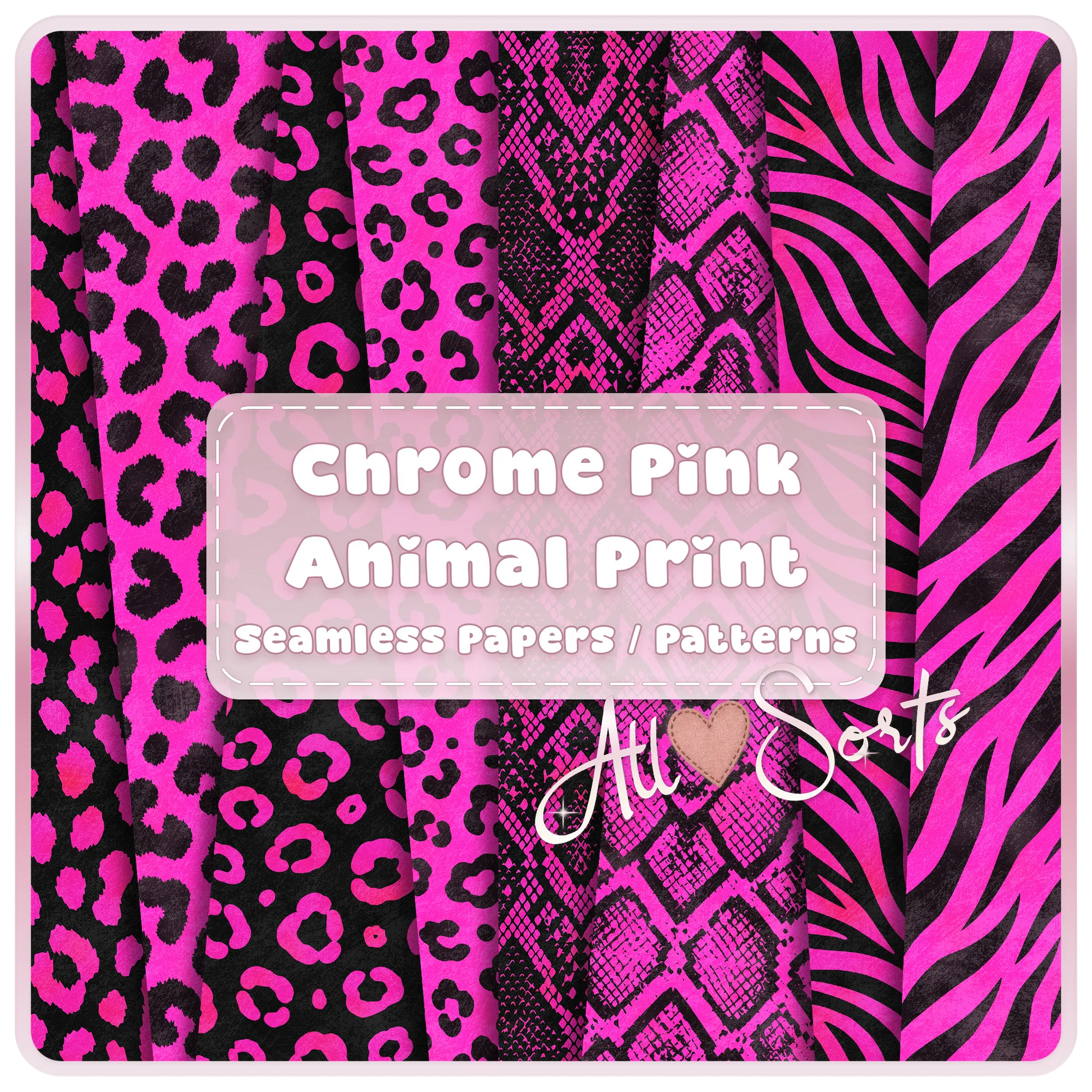 Chrome pink animal print seamless digital paper pack preview with hot pink and black leopard, snake, zebra, and safari patterns by All Sorts Crafts.