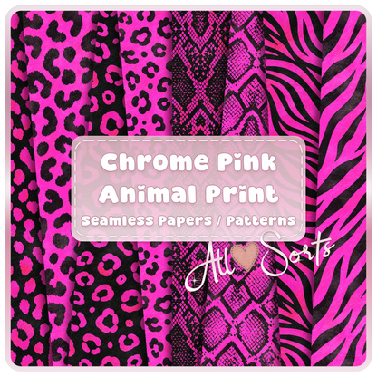 Chrome pink animal print seamless digital paper pack preview with hot pink and black leopard, snake, zebra, and safari patterns by All Sorts Crafts.