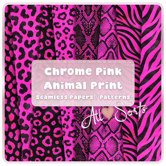Chrome pink animal print seamless digital paper pack preview with hot pink and black leopard, snake, zebra, and safari patterns by All Sorts Crafts.