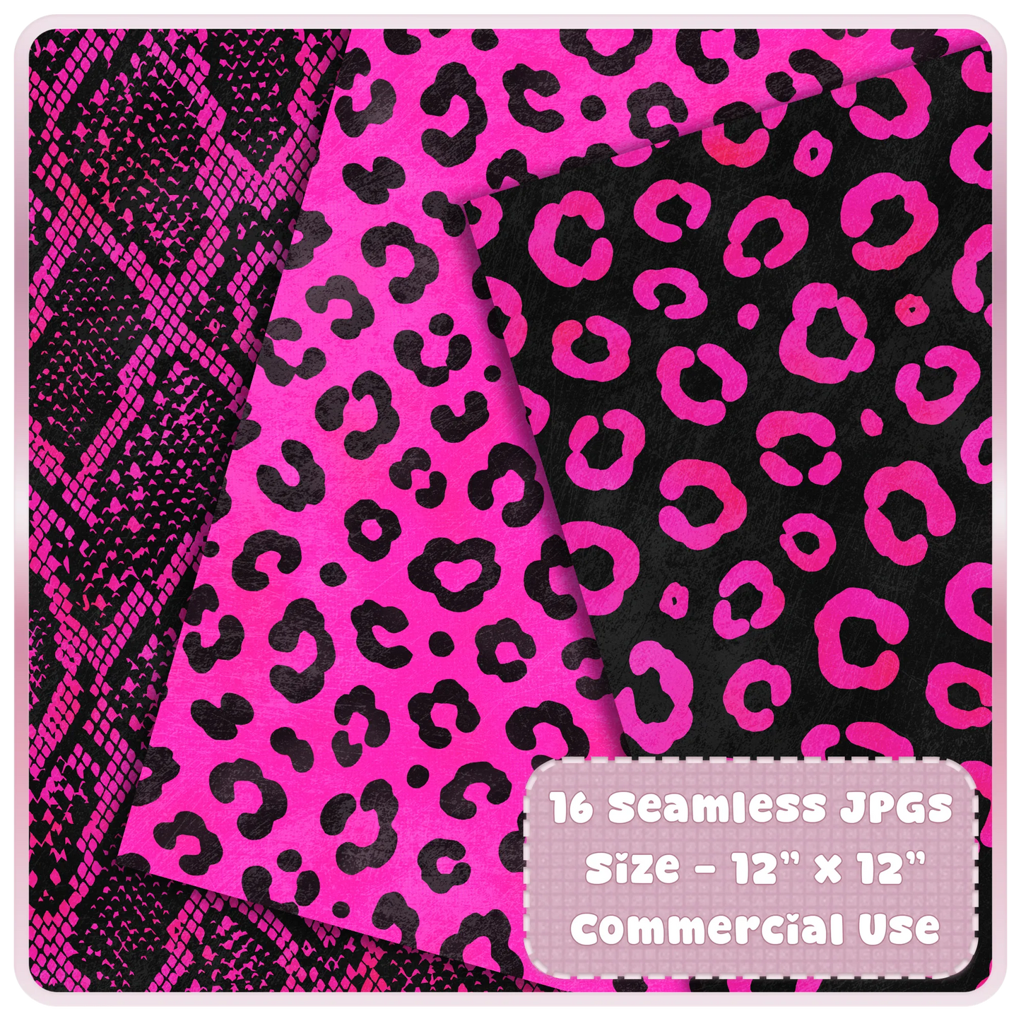Chrome pink and black animal print seamless JPG papers featuring snake skin and leopard print digital scrapbook patterns.