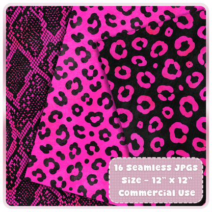 Chrome pink and black animal print seamless JPG papers featuring snake skin and leopard print digital scrapbook patterns.