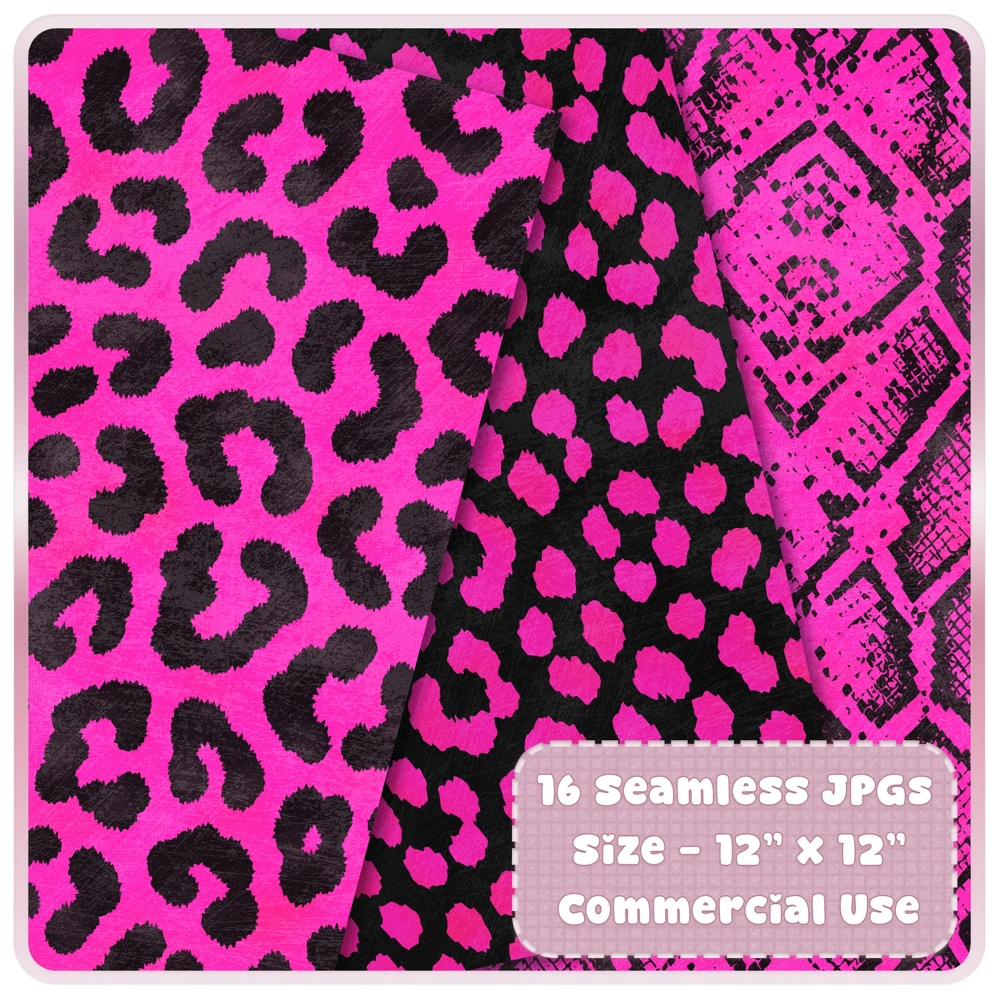 Hot pink leopard print and snake skin seamless digital papers with black animal spots and textured safari pattern designs.