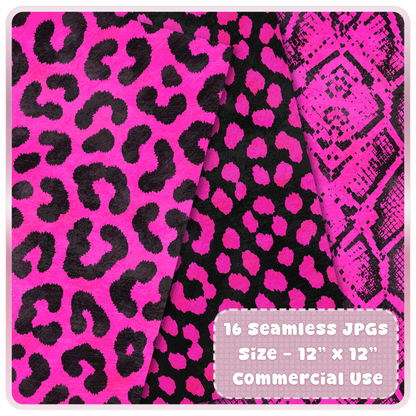 Hot pink leopard print and snake skin seamless digital papers with black animal spots and textured safari pattern designs.