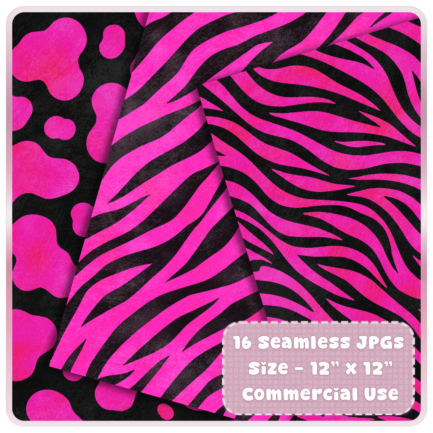 Chrome pink zebra print seamless papers with bold black animal stripe patterns for digital crafts and sublimation designs.