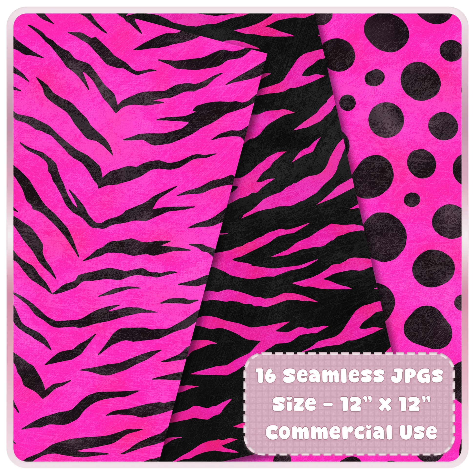 Pink tiger stripe and black animal print seamless digital paper designs with dotted safari background for craft projects.