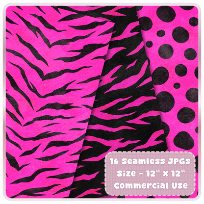 Pink tiger stripe and black animal print seamless digital paper designs with dotted safari background for craft projects.