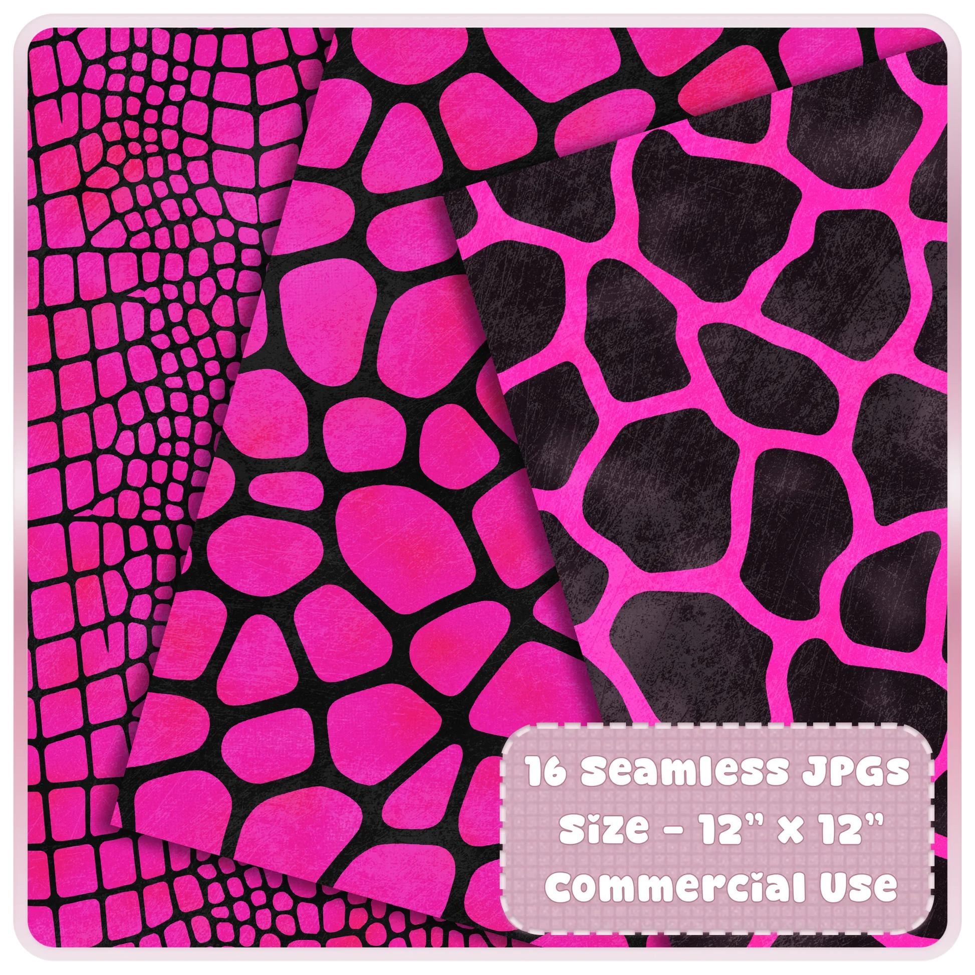 Chrome pink crocodile, giraffe, and reptile animal print seamless JPG papers for scrapbooking, printing, and digital design.