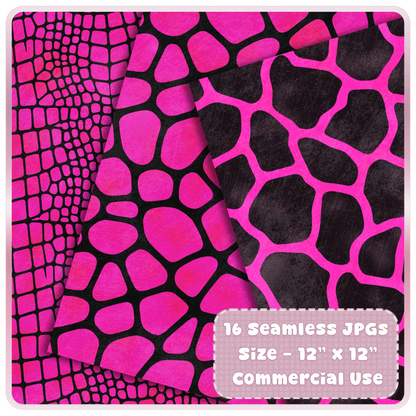 Chrome pink crocodile, giraffe, and reptile animal print seamless JPG papers for scrapbooking, printing, and digital design.