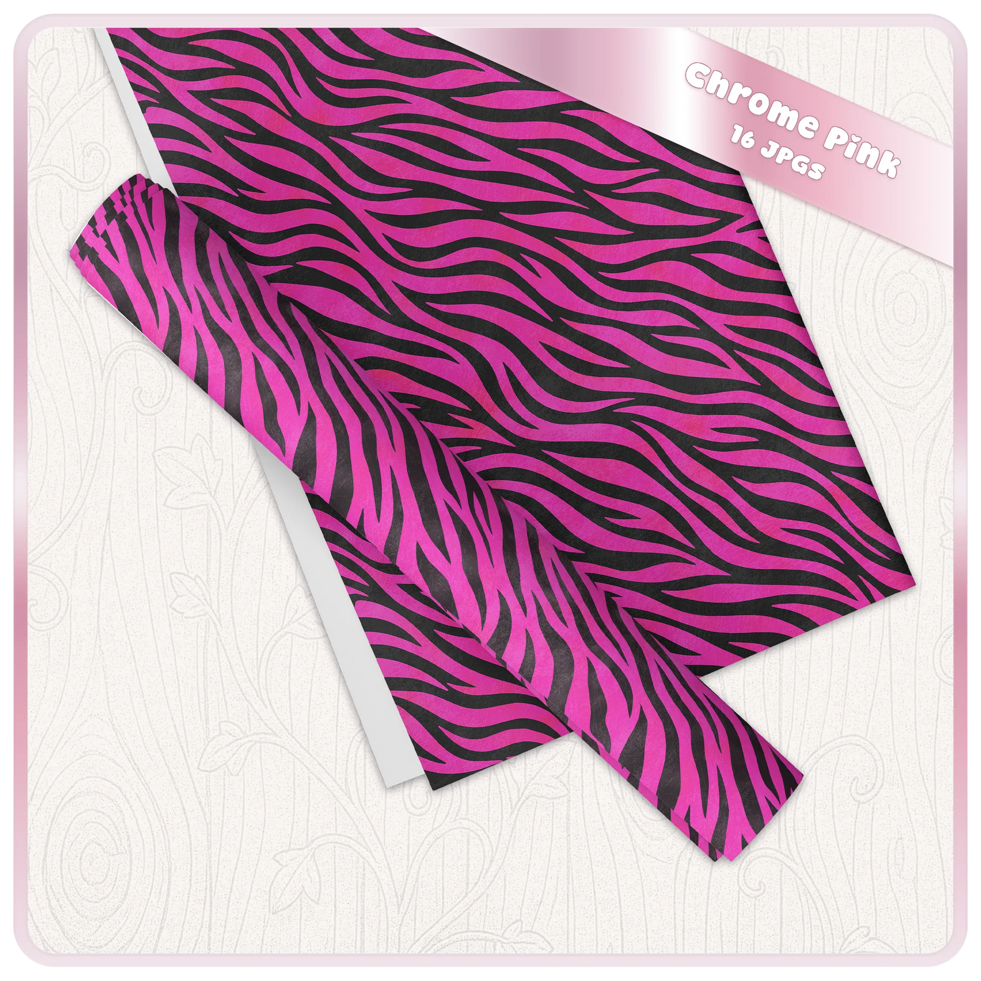 Chrome pink zebra print digital paper mockup showing seamless animal pattern sheets for printable crafts and stationery.