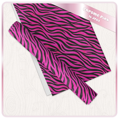 Chrome pink zebra print digital paper mockup showing seamless animal pattern sheets for printable crafts and stationery.