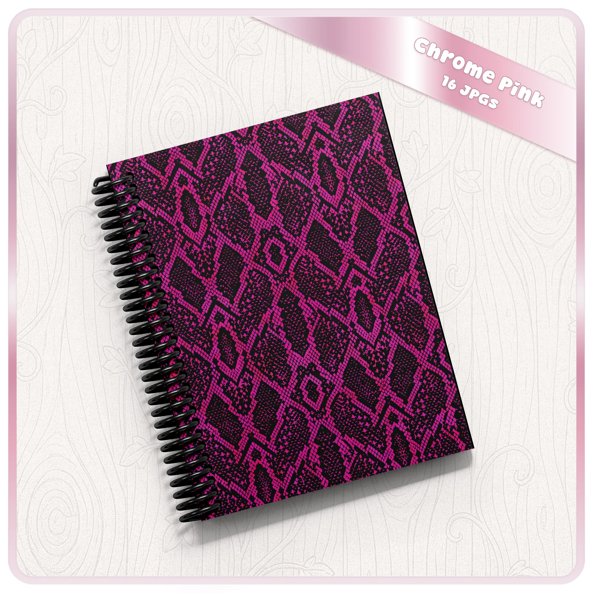 Chrome pink snake skin seamless pattern displayed on a spiral notebook mockup for digital paper and product design projects.