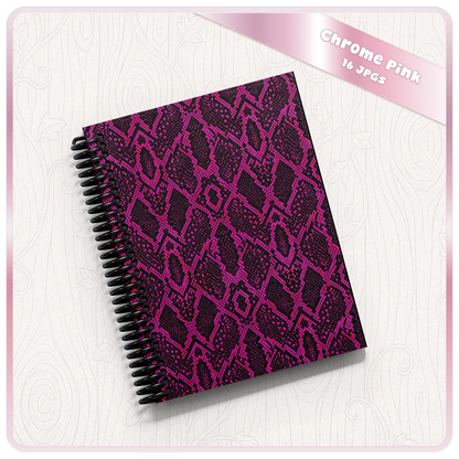 Chrome pink snake skin seamless pattern displayed on a spiral notebook mockup for digital paper and product design projects.