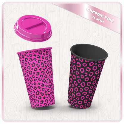 Chrome pink leopard print seamless digital paper shown on coffee cup mockups for sublimation, packaging, and craft designs.