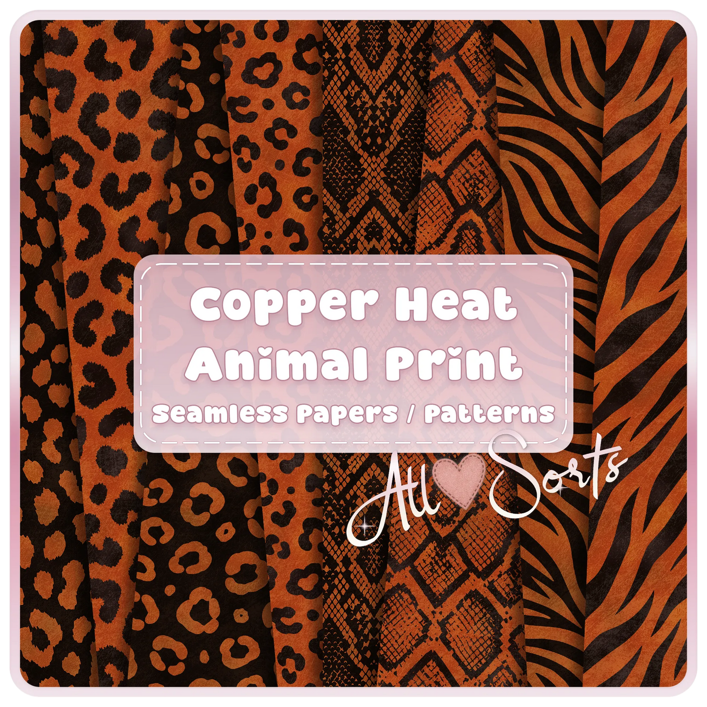 Copper Heat animal print seamless digital paper bundle featuring leopard, snakeskin, zebra and safari pattern JPGs for sublimation and scrapbooking.