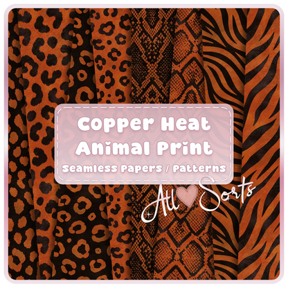 Copper Heat animal print seamless digital paper bundle featuring leopard, snakeskin, zebra and safari pattern JPGs for sublimation and scrapbooking.