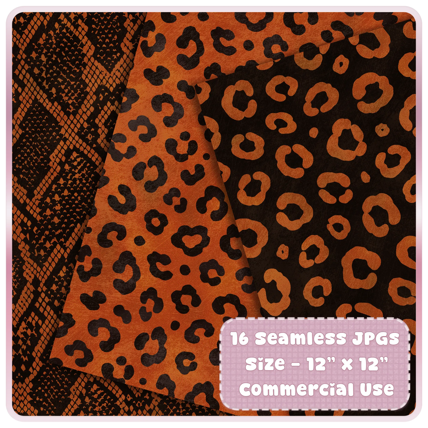 Copper Heat leopard and snakeskin seamless pattern preview with 16 JPG digital papers for commercial use craft projects.