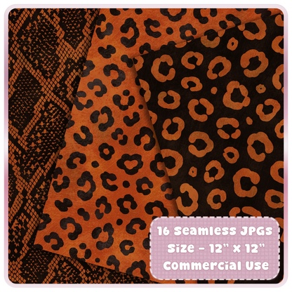 Copper Heat leopard and snakeskin seamless pattern preview with 16 JPG digital papers for commercial use craft projects.