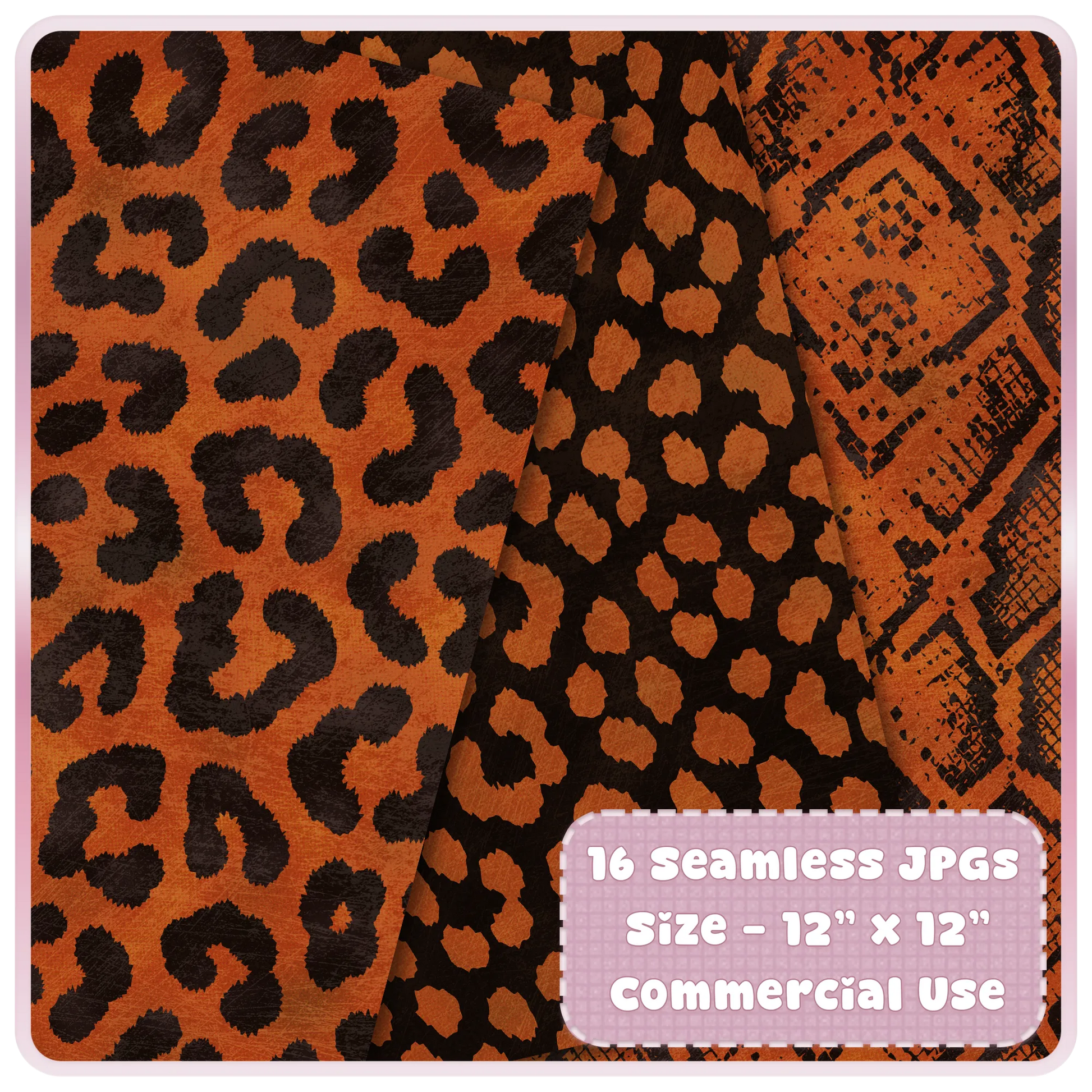 Burnt orange and black leopard print and snakeskin seamless digital paper preview for sublimation, scrapbooking and printable backgrounds.