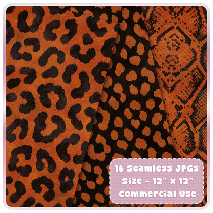 Burnt orange and black leopard print and snakeskin seamless digital paper preview for sublimation, scrapbooking and printable backgrounds.