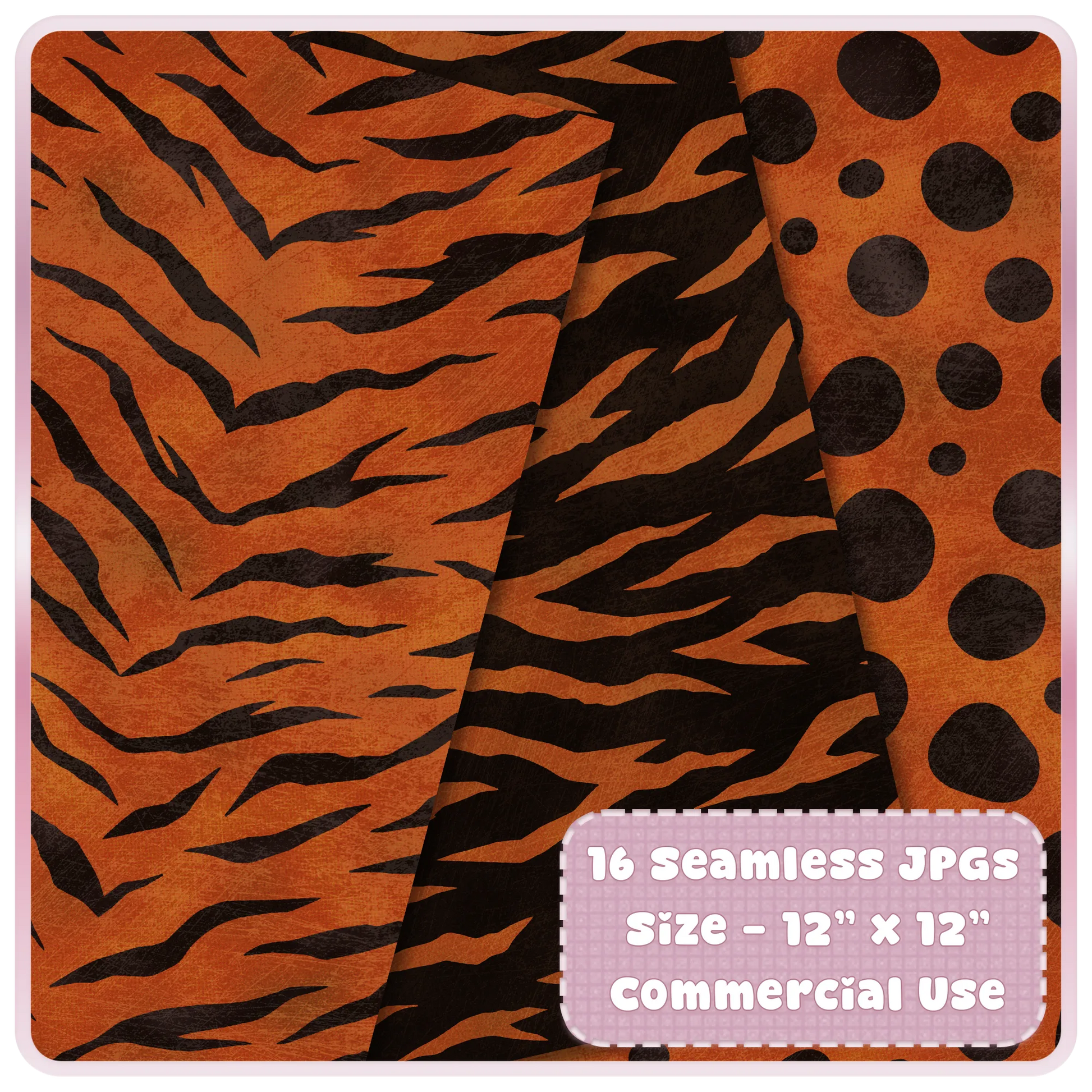 Copper Heat tiger stripe and polka dot animal print seamless patterns for digital paper, printables and commercial craft projects.