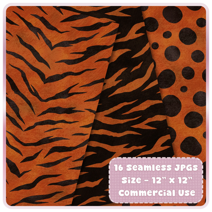 Copper Heat tiger stripe and polka dot animal print seamless patterns for digital paper, printables and commercial craft projects.