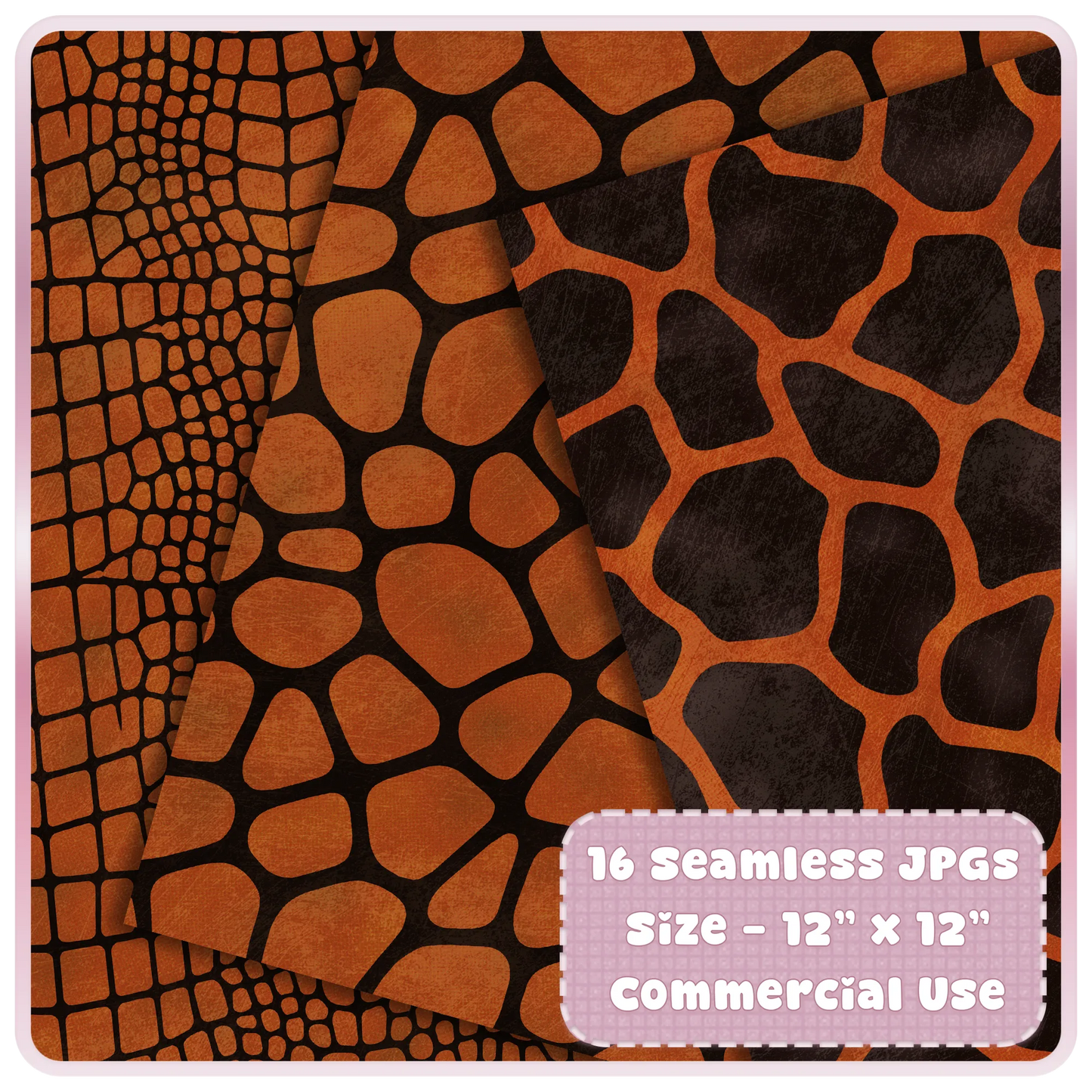 Copper Heat giraffe and reptile skin seamless digital paper preview with black animal print patterns for sublimation designs.