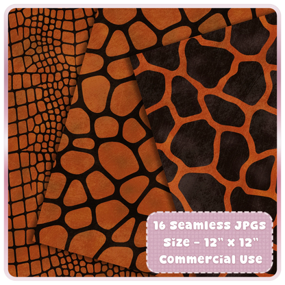 Copper Heat giraffe and reptile skin seamless digital paper preview with black animal print patterns for sublimation designs.
