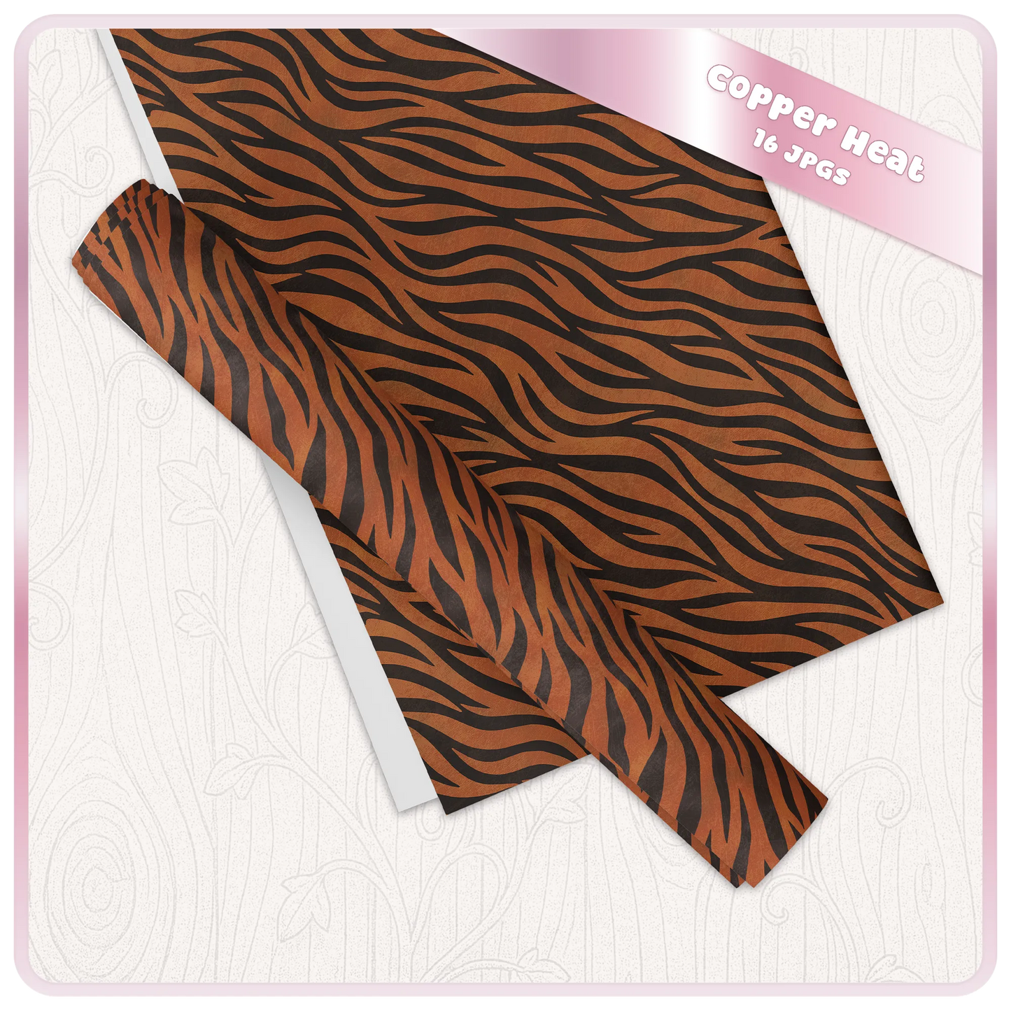 Copper Heat zebra print digital paper mockup showing seamless JPG pattern for wrapping paper, stationery and craft projects.